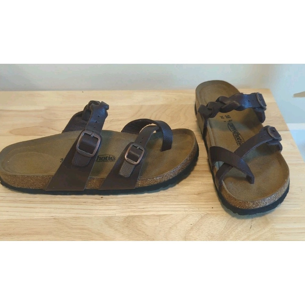 Aerothotic Women's 38 US 8 Braided Strappy Brown Leather Sandals Slip On Buckle
